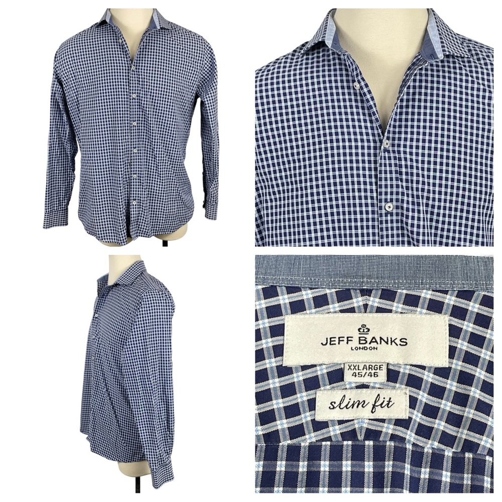 Men's Jeff Banks London Multi-Tone Blue Plaid Long Sleeve Dress Shirt‎ XXL 0101